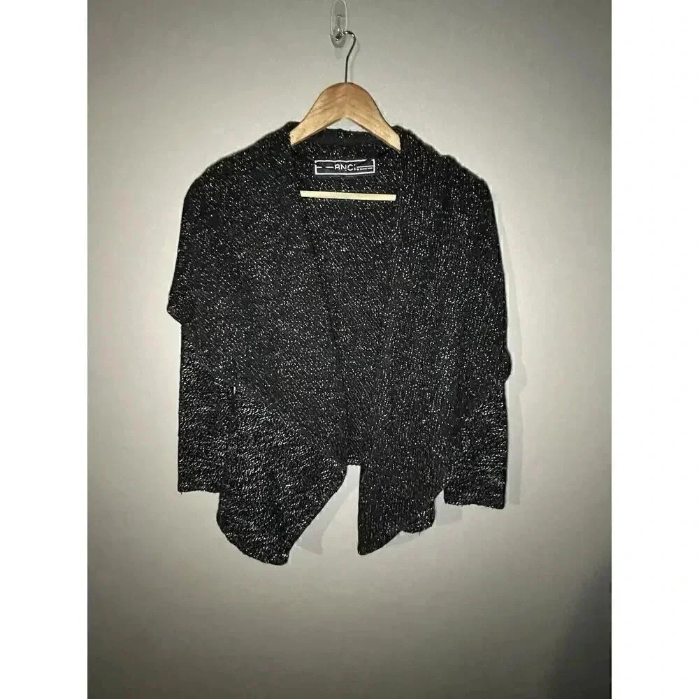 BNCI by Blanc Noir Women Black White Marled Open Front Draped Cardigan Sweater S